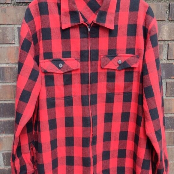 Vintage Girbaud Flannel Shacket Red Black Buffalo Plaid Zip USA Made Men M - Picture 5 of 9